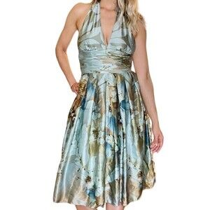 Adrianna Papell 100% Silk Halter Tie Dress Green Blue Brown Women's size 4